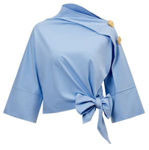 EDP-080718 BLUE BOW TIE BLOUSE