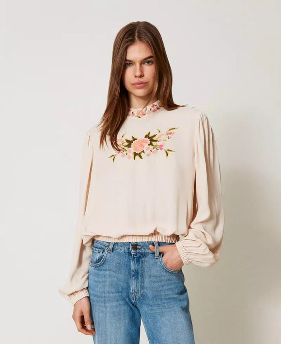 TWS-251TP2472 BEIGE FLORAL EMBROIDERY BLOUSE