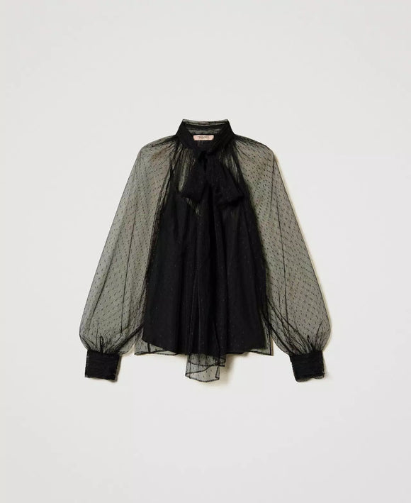 TWS-251TP2514 BLACK TULLE BOW BLOUSE