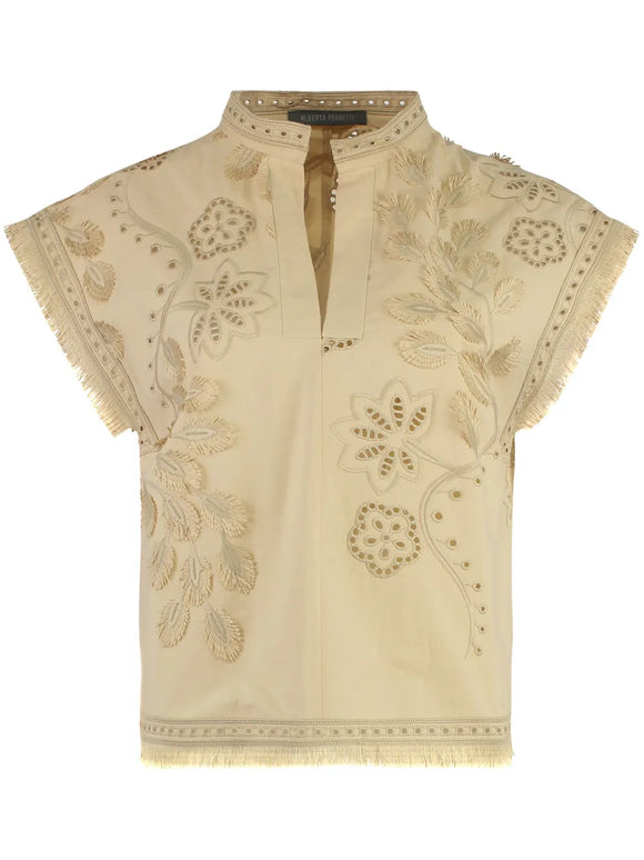 ABF-A0225 BEIGE BRODERIE FRINGE BLOUSE