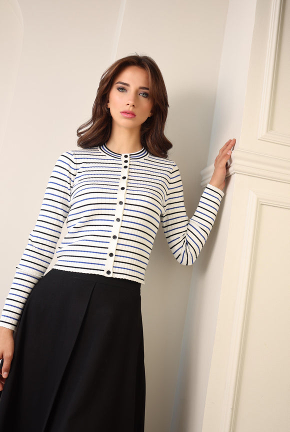 KTL-KNS25,420 IVORY&BLUE STRIPED TOP