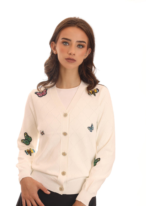 BUTTERFLY CARDIGAN, WHITE WITH COLOUR