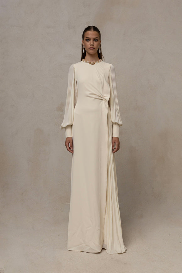 NIS-RS15710 IVORY PLEATED GATHERED DRESS